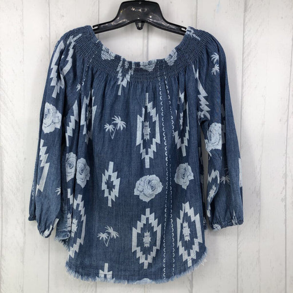 M Printed denim l/s top