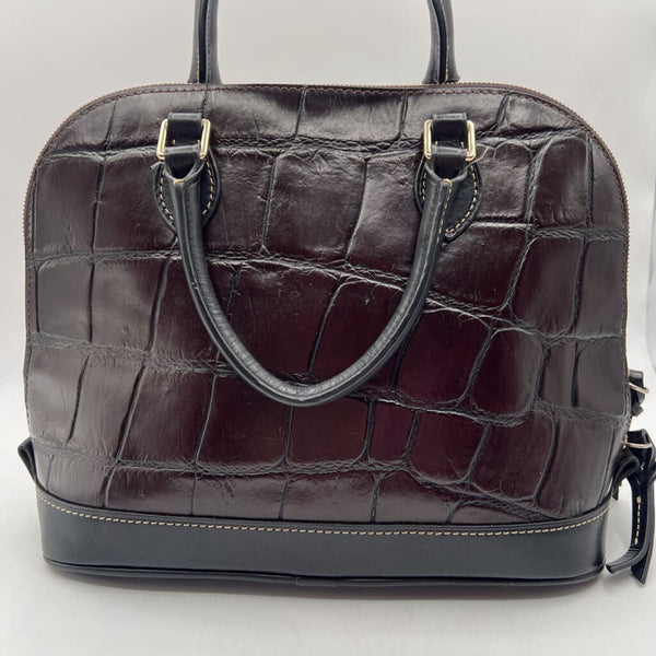 embossed footed zip around satchel