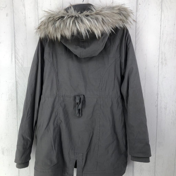 S zip up coat w/ faux fur trim hood