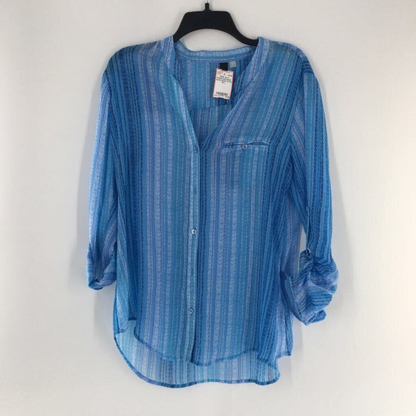 L Printed semi sheer button down l/s top