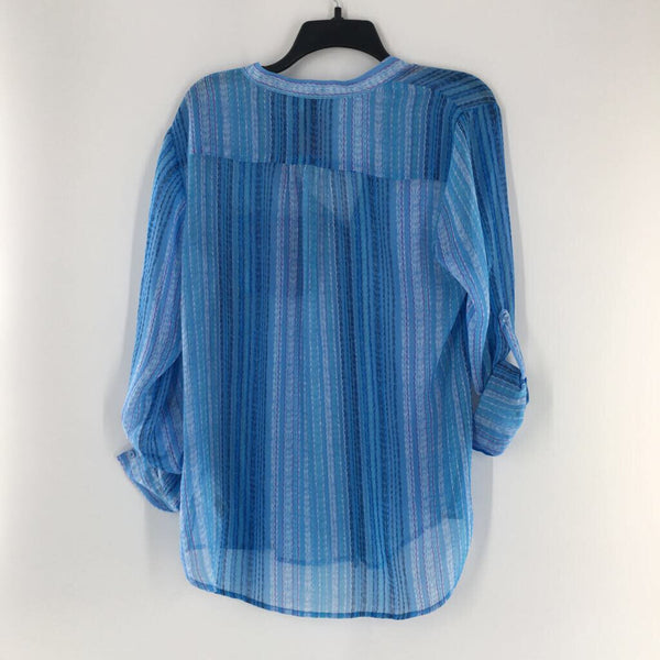 L Printed semi sheer button down l/s top