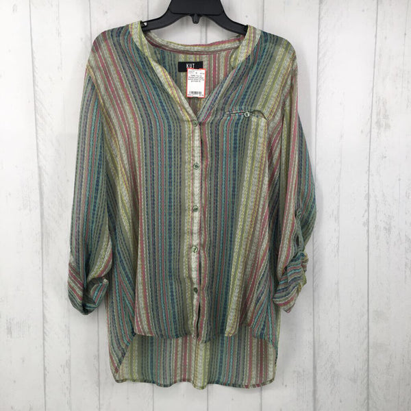 XL Printed semi sheer button down l/s top