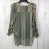 XL Printed semi sheer button down l/s top