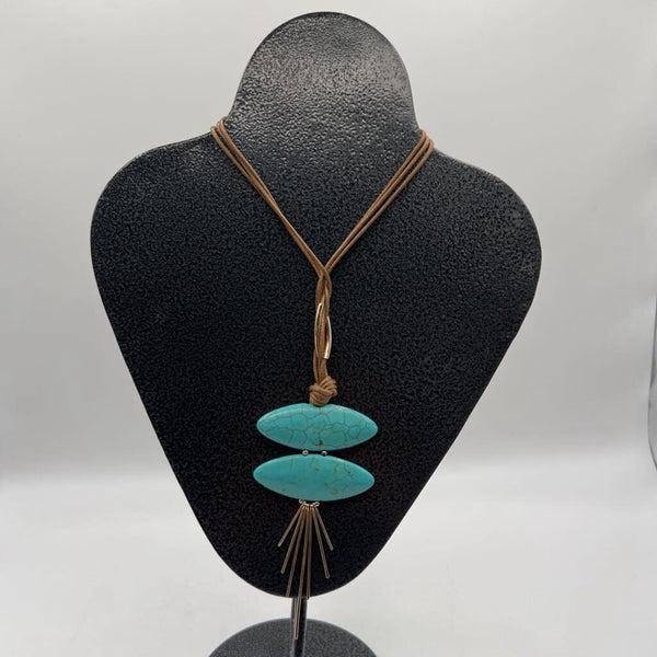 19" Adjustable brn cord turquoise stone necklace