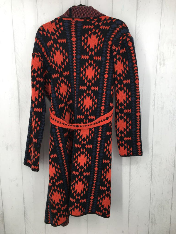 M aztec belted open cardigan