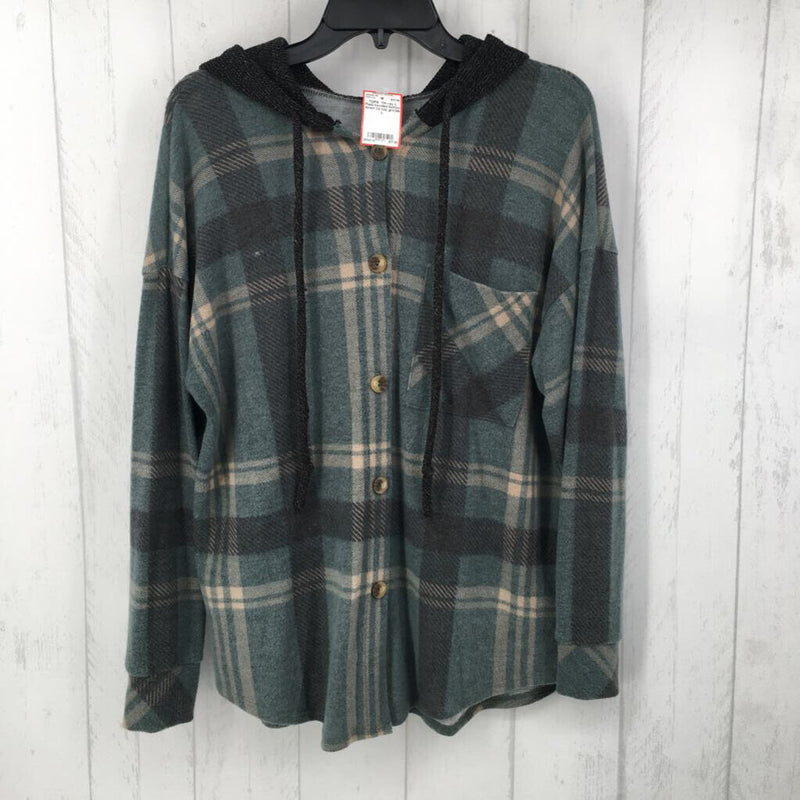 L Plaid hooded button down l/s top