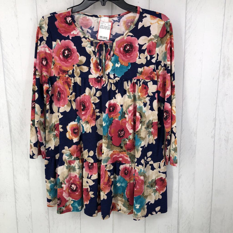 S 3/4 slv flower print babydoll top