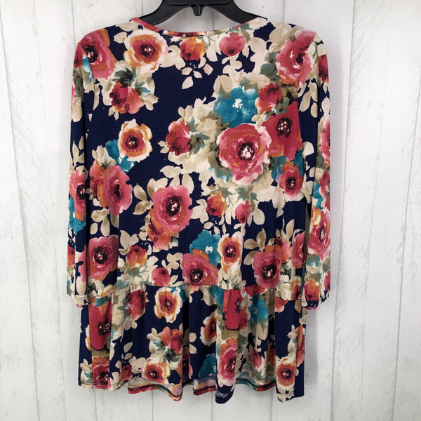 S 3/4 slv flower print babydoll top