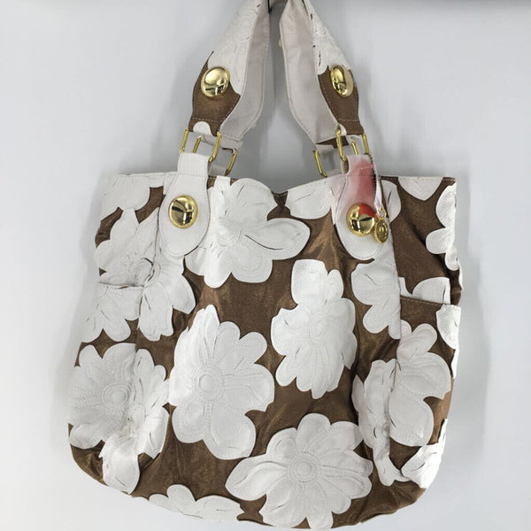 Leather flower applique handbag