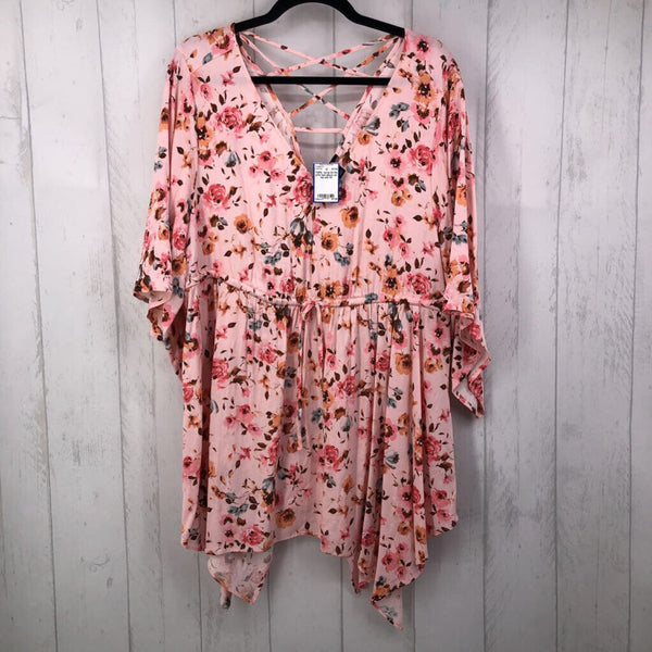 2X Flo print tied elbow slv top