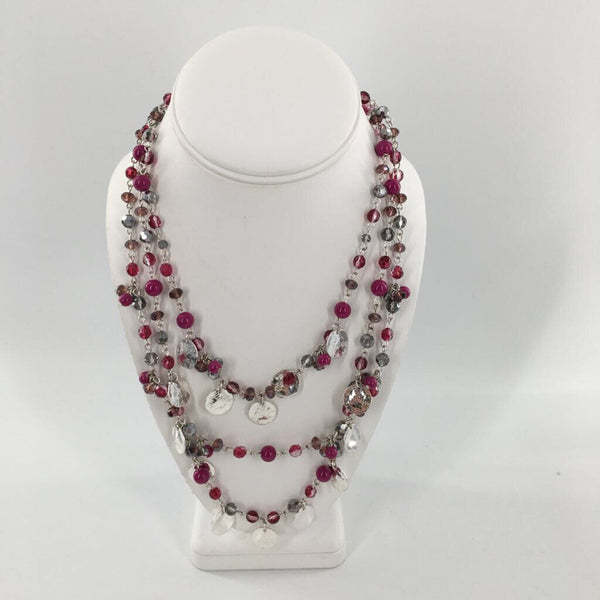 11" Silvertone purple resin triple strand necklace