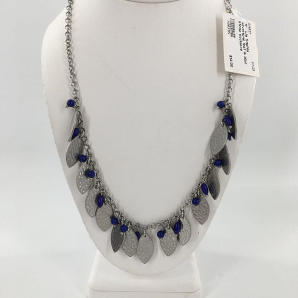 11" Lia Sophia silvertone leaf & blue stone necklace