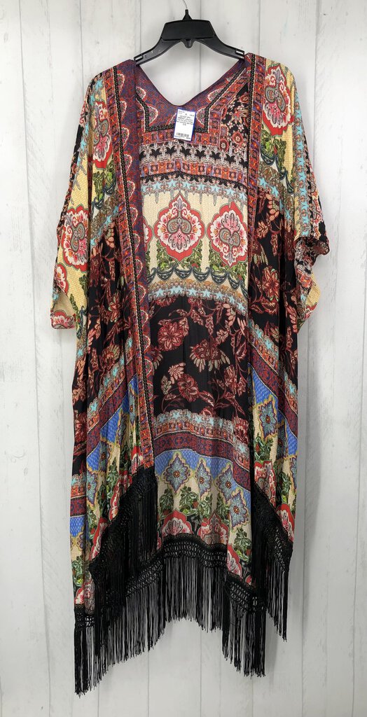 O/S flo print fringe hem poncho