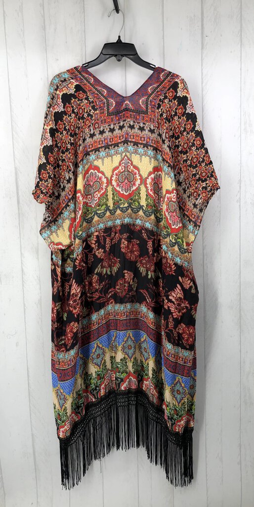 O/S flo print fringe hem poncho