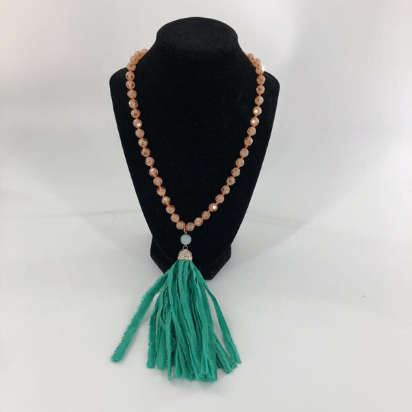 Beaded green fabric tassel necklace