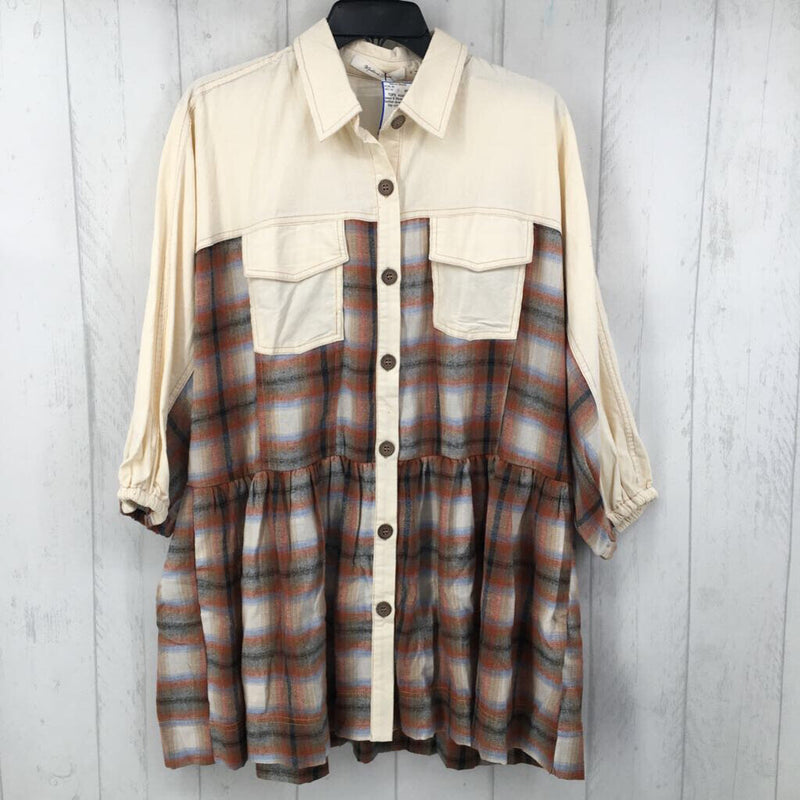 S Mixed media button down 3/4 slv top