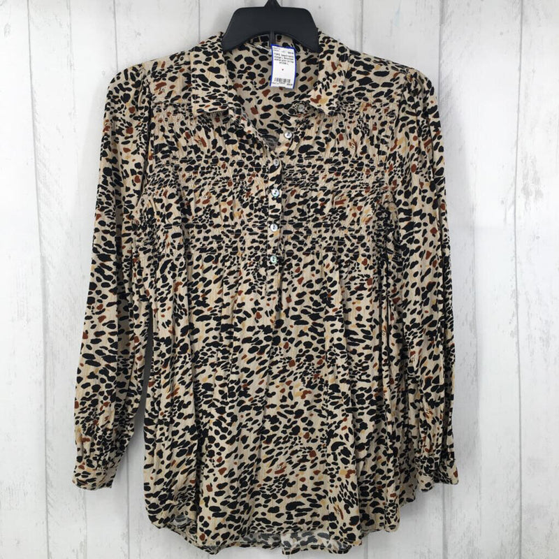 L Smocked animal print l/s top