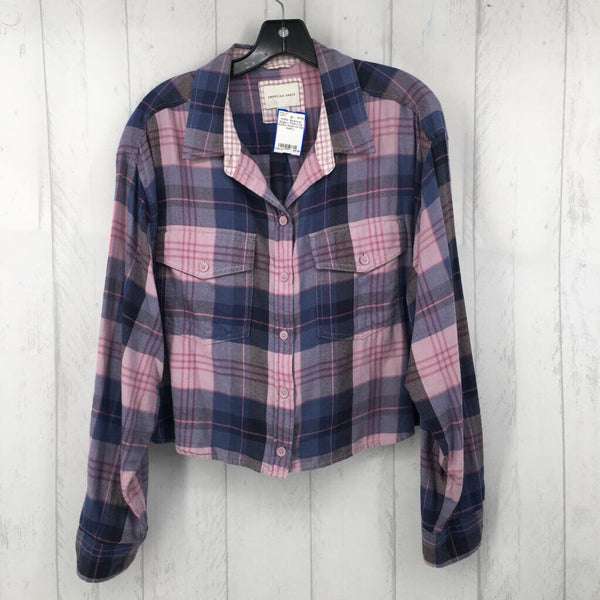 L Plaid crop button down l/s top