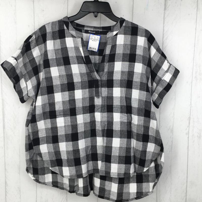 S Plaid v-neck s/s top