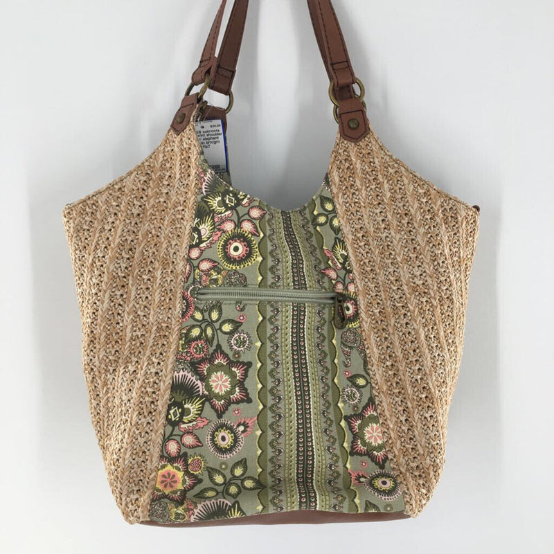 straw print shoulder bag w/ elephant keychain