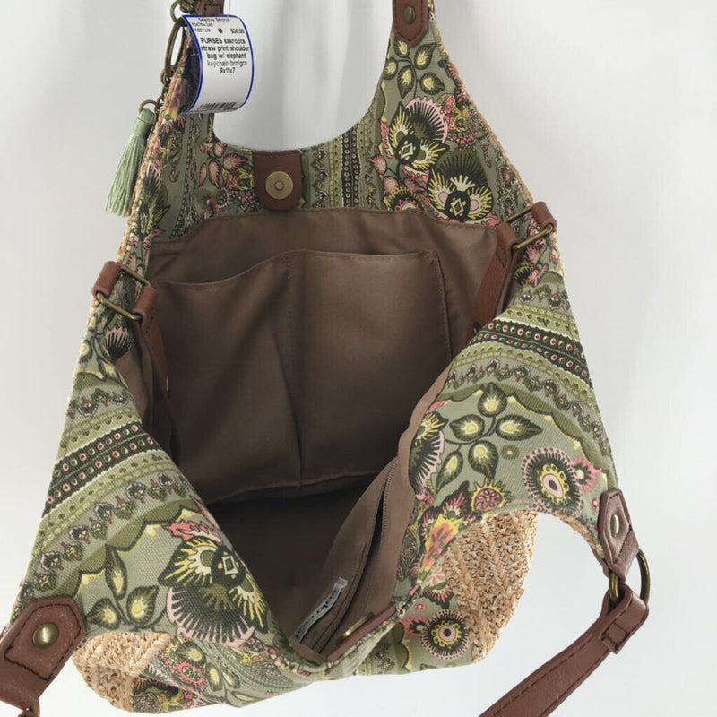 straw print shoulder bag w/ elephant keychain