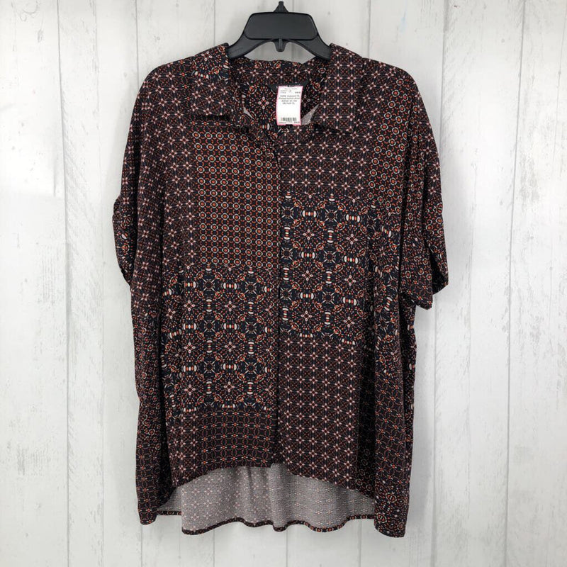 XL Printed button down dolman slv top