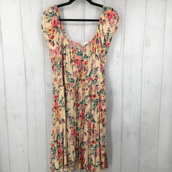 3 s/s floral smocked waist pocket dress