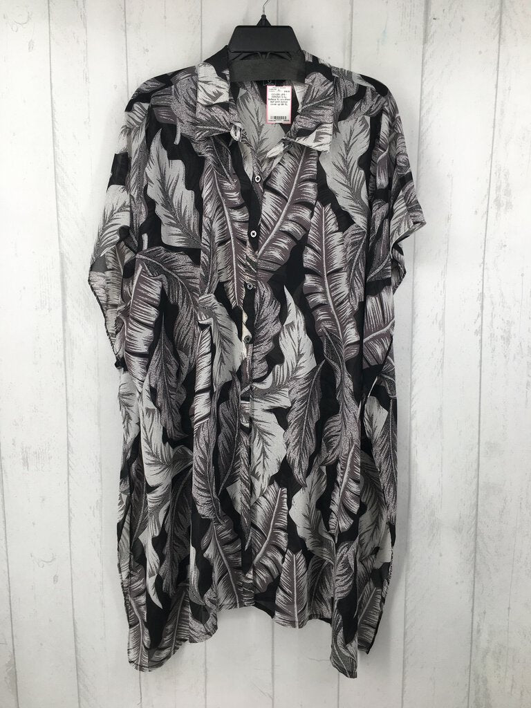 XL s/s sheer leaf print button cover up