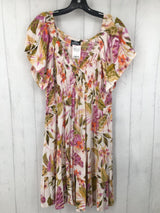 XL Smocked flo print flutter slv dress