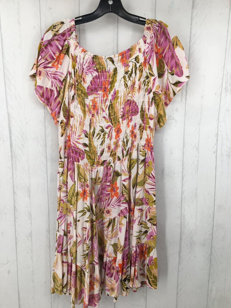 XL Smocked flo print flutter slv dress