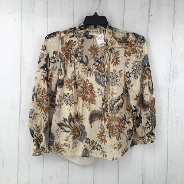 Mp Semi sheer smocked flo print l/s top