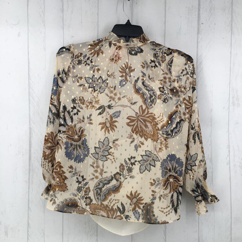 Mp Semi sheer smocked flo print l/s top