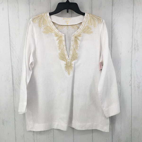 L 3/4 slv embroidered linen v-neck top