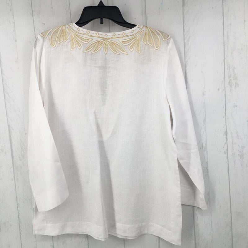 L 3/4 slv embroidered linen v-neck top