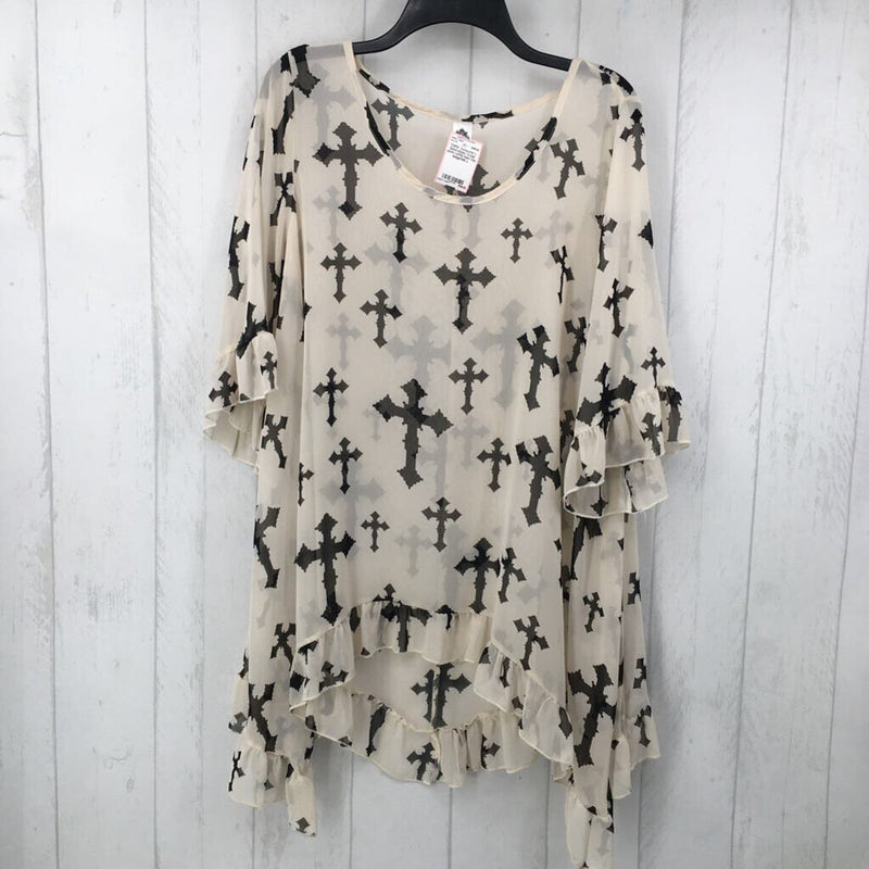 L Semi-sheer cross print ruffle hem top