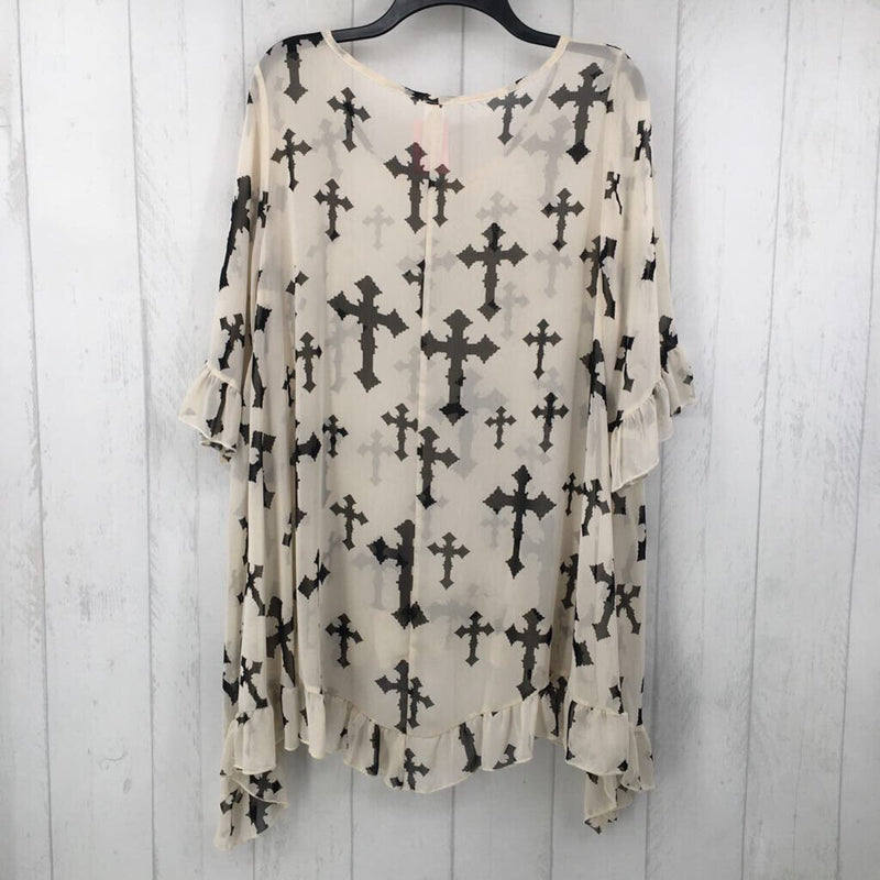 L Semi-sheer cross print ruffle hem top