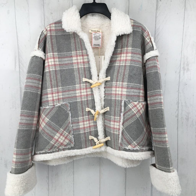 L Faux fur lined plaid toggle button jacket