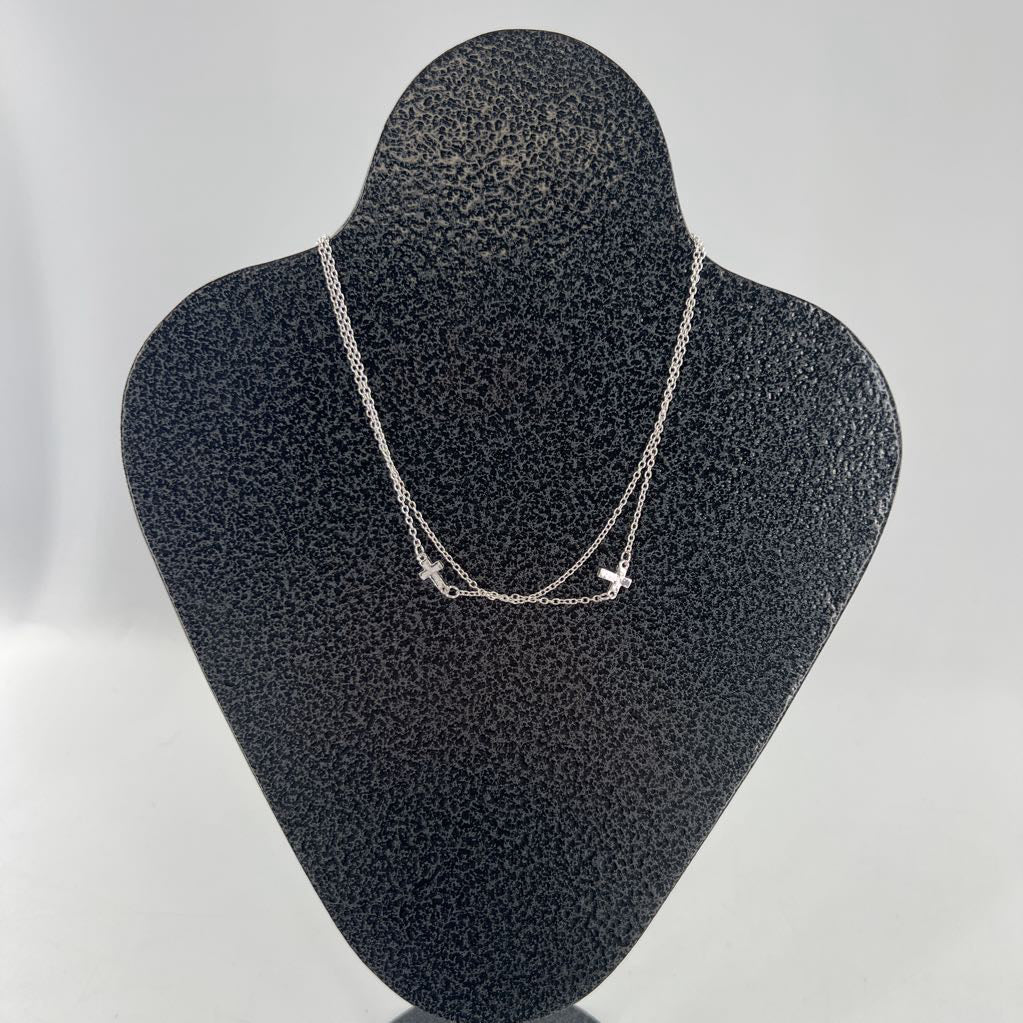 14" 2 chain link silver tone east west cross stations necklace