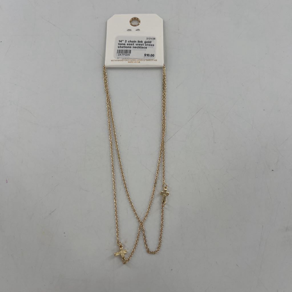 14" 2 chain link gold tone east west cross stations necklace