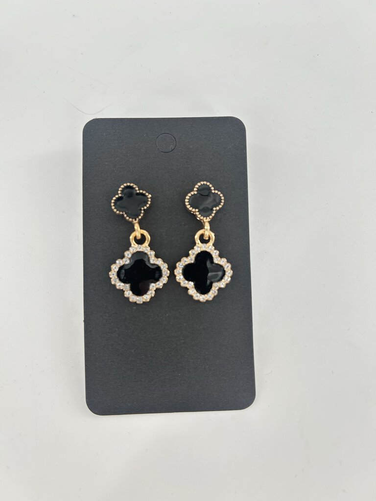 Black clover w rhinestone dangle earrings