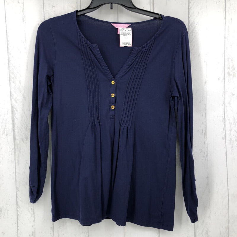 L Pleated quarter button down tab slv top