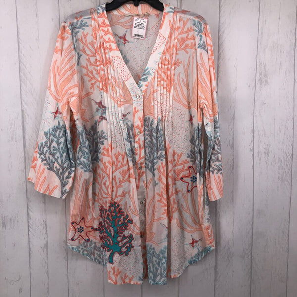 XL Printed pleated button down 3/4 slv tunic