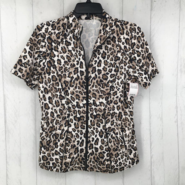 0(S) animal print zip-up s/s top