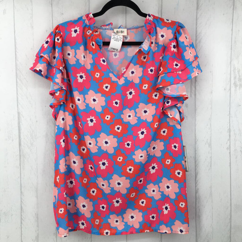 XL Flo print ruffled slv top