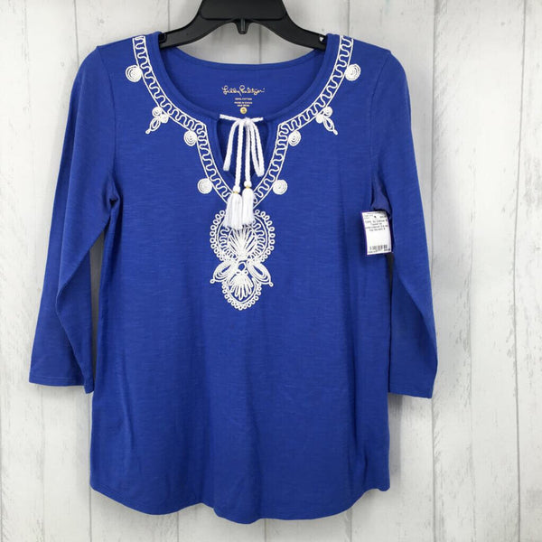 S Tassel tie embroidered 3/4 slv top