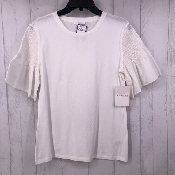 M Crewneck smocked ruffle slv tee