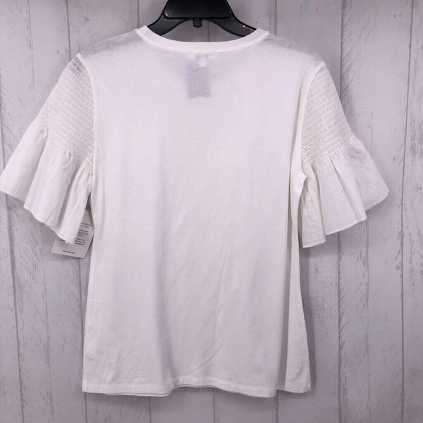 M Crewneck smocked ruffle slv tee