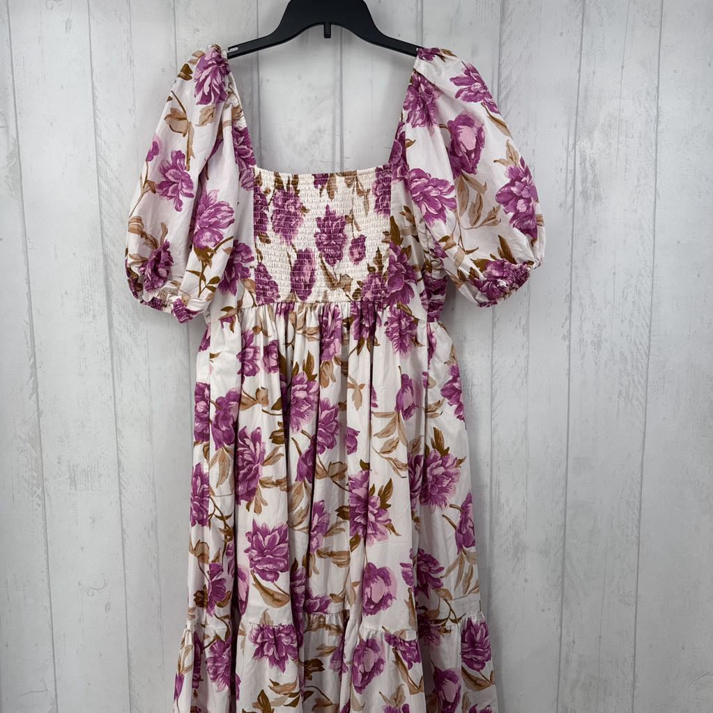 L flo print smocked puff slv dress