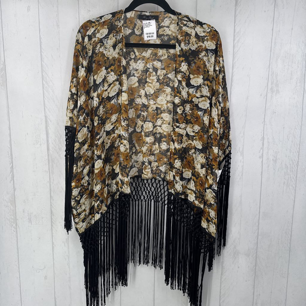 S fringe flower print kimono