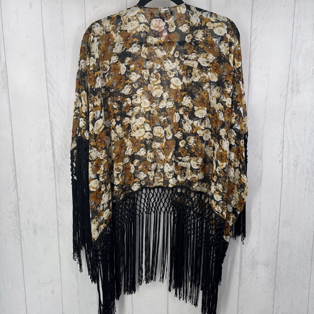 S fringe flower print kimono